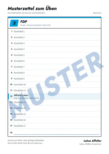 Musterzettel zum Üben, quer darüber gross das Wort Muster. Liste 3 mit Affolter Lukas auf Zeile 12 und einer freien Zeile.