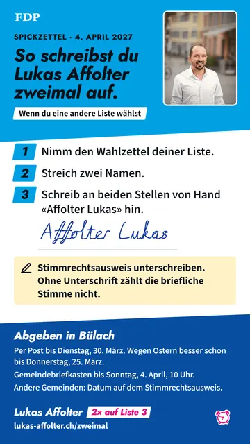 Spickzettel: Für alle, die eine andere Liste wählen. Schritte zum Ausfüllen, Stimmrechtsausweis unterschreiben, Fristen in Bülach.